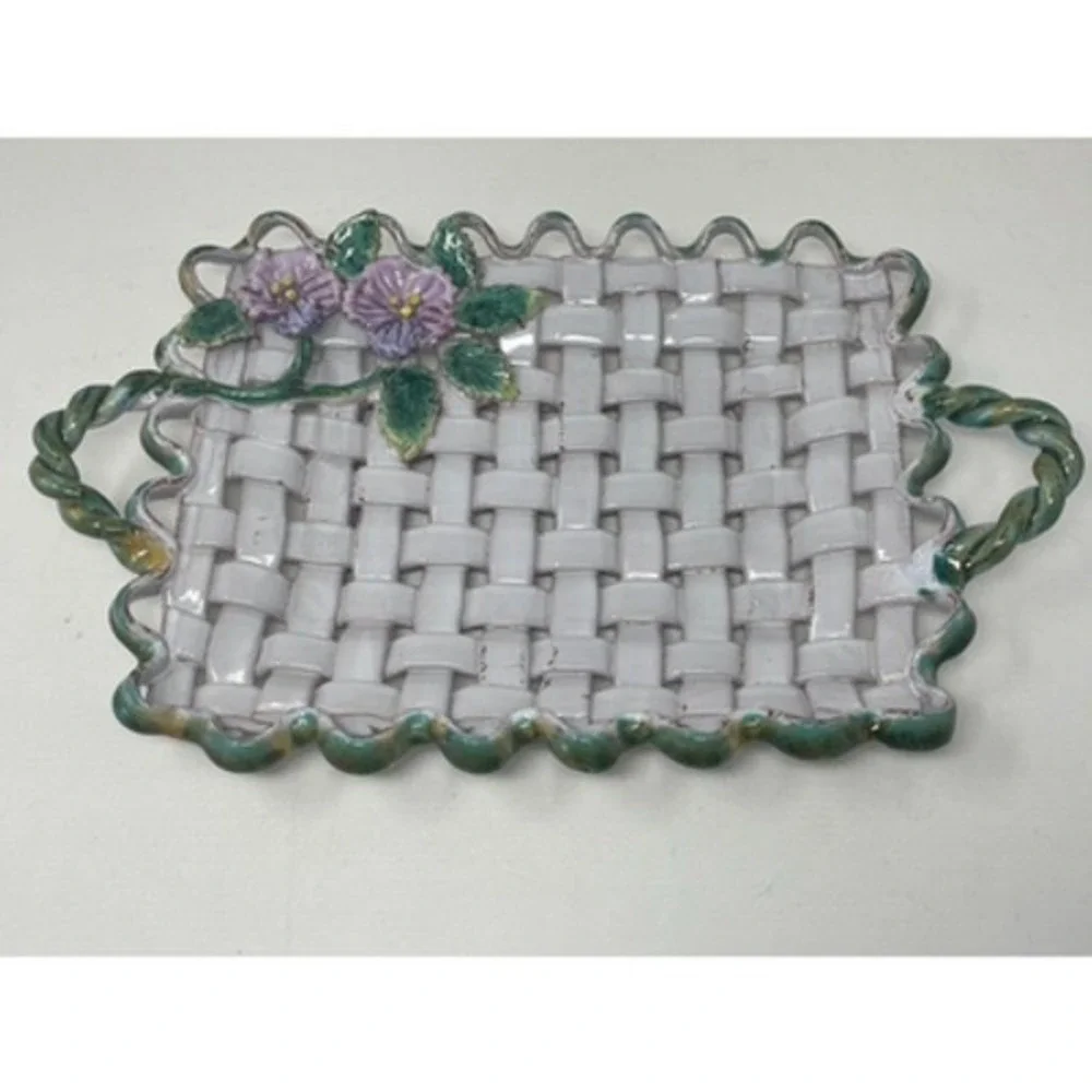 Vtg Italian Majolica Weave‎ Ceramic Decorative Tray Floral